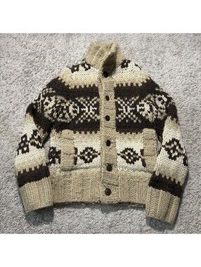 EZRA FITCH Handknit Lambs Wool Cowichan Cardigan Sweater Fair Isle Men’s Small